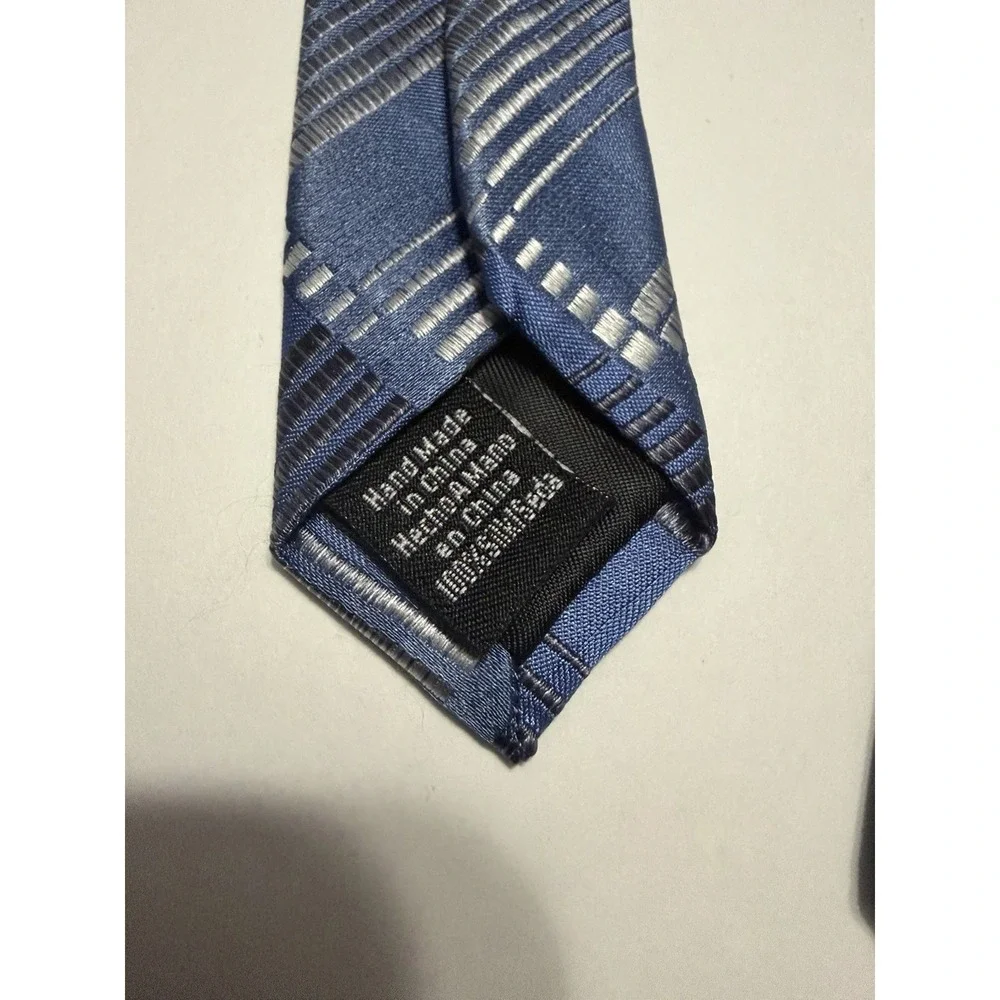 Secours Mens Silk Necktie Blue Silver Geometric Plaid Hand Made Formal Tie